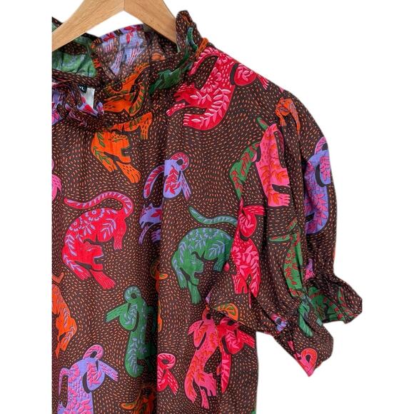 Fox & Hen Wild Cats Puff Short Sleeve High Ruffle Neck Feminine XL Blouse Top - Picture 6 of 10